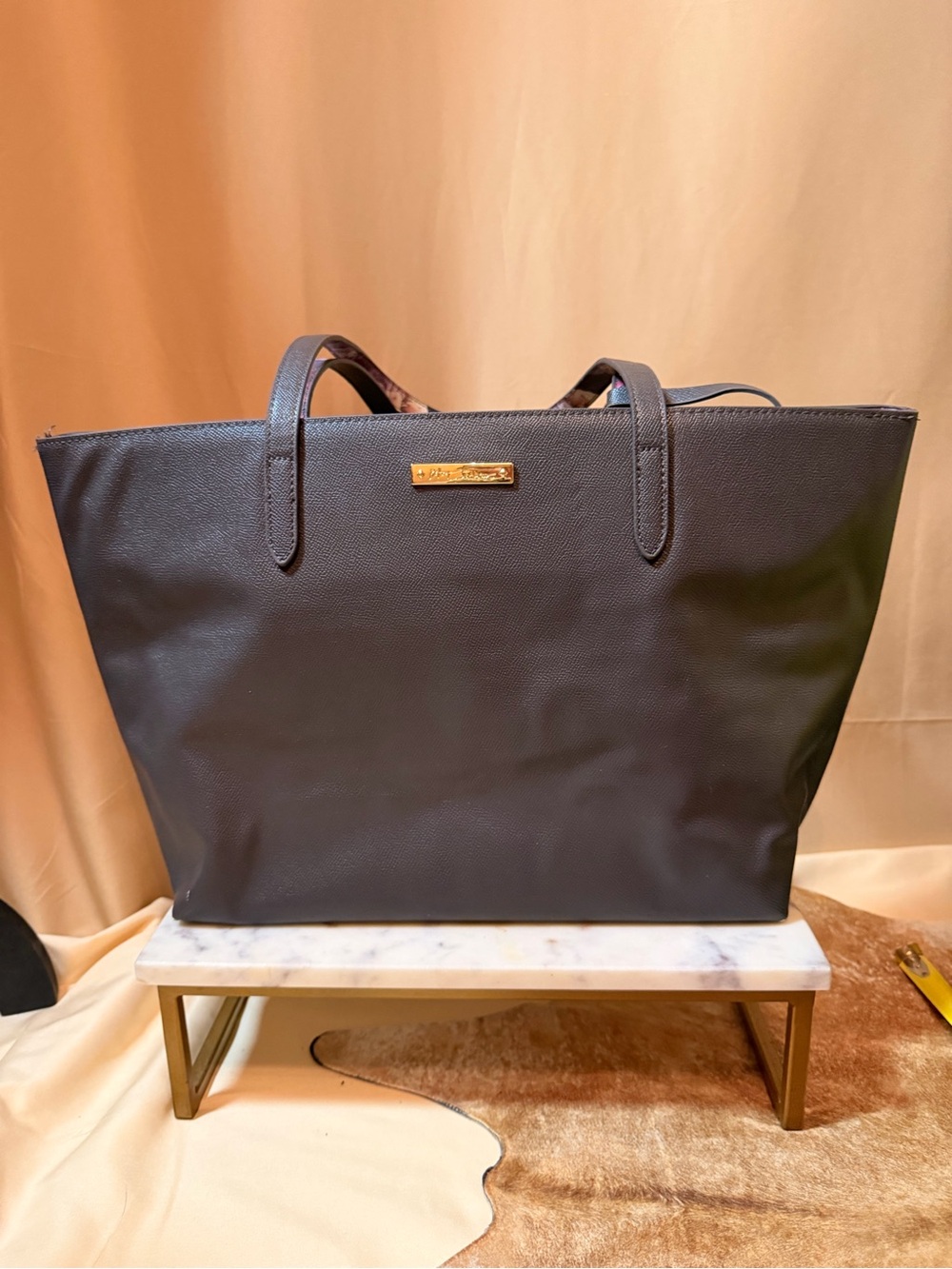 Betsey Johnson grey Tote with Gold Plaque